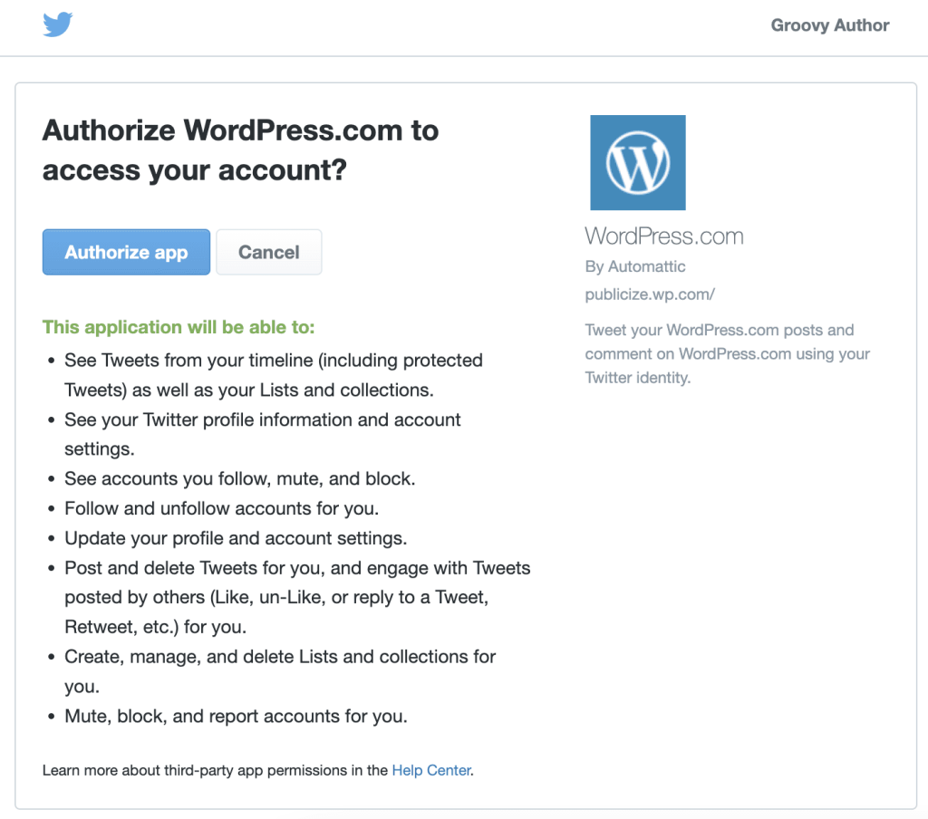 The authorization screen Twitter displays asking for your permission to "Authorize app" for WordPress.com.