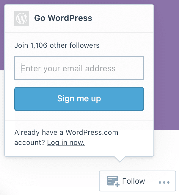  WordPress.com サイトの下部にある「フォロー」ボタンと、メールアドレスを入力するオプション。
