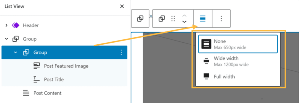 The Group block is selected, and an arrow points to the width/alignment option in the toolbar. The option has been clicked, and settings are displayed for wide width and full width.
