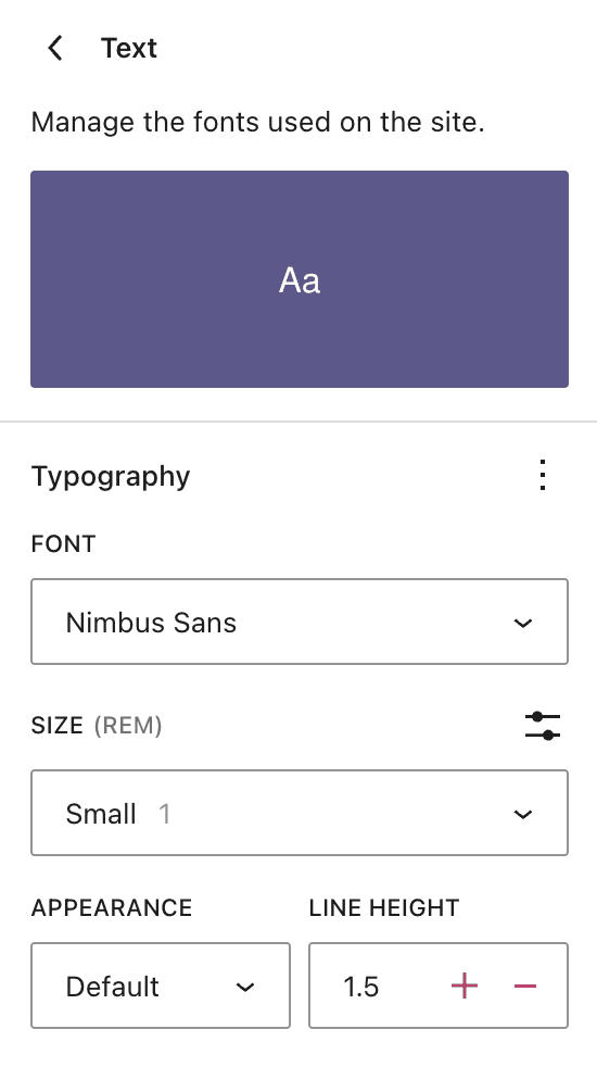 Die Typografie-Einstellungen für Text, wobei der Textkörper auf die Größe Medium, eine Zeilenhöhe von 1,5 und das Standarddesign (nicht fett, nicht kursiv) eingestellt ist.