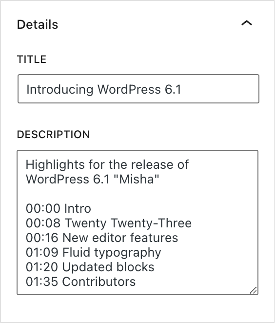 Der Detailbereich der Videoblock-Seitenleiste mit einem Titel und ein Beispiel für Kapitel in der Beschreibung.