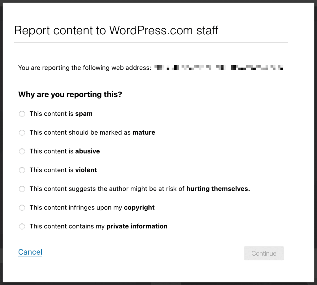 The Report content to WordPress.com staff window displaying the different options for why you are reporting the content. 