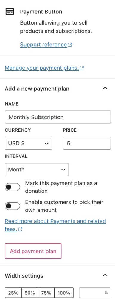 Optionen in der Seitenleiste des Blocks „Bezahlen-Button“ 
