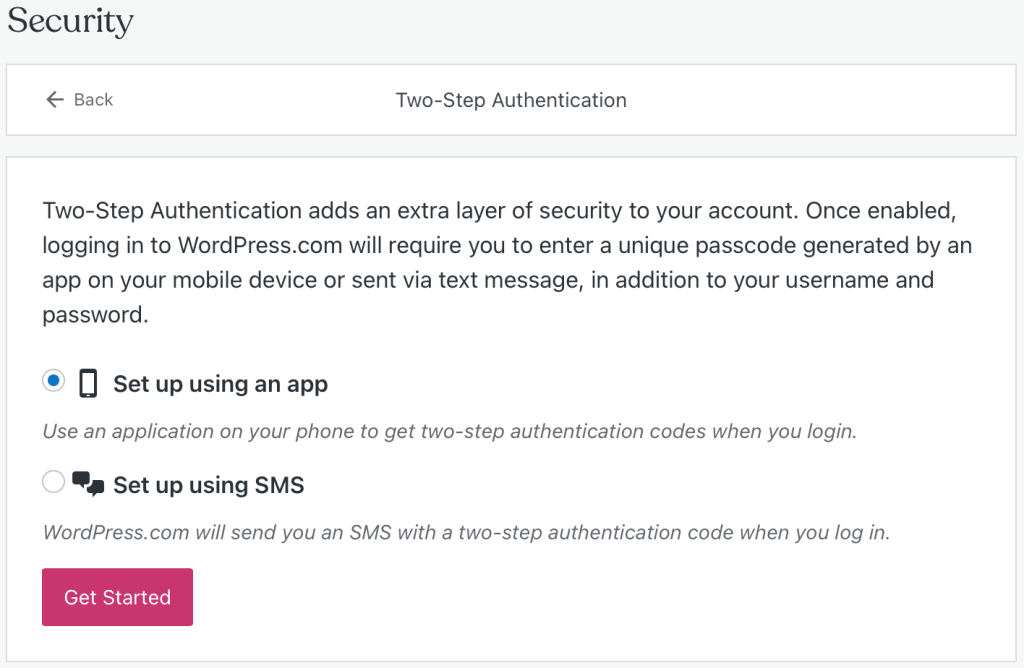The first screen of the Two-Step Authentication process with the "Set up using an app" option selected.