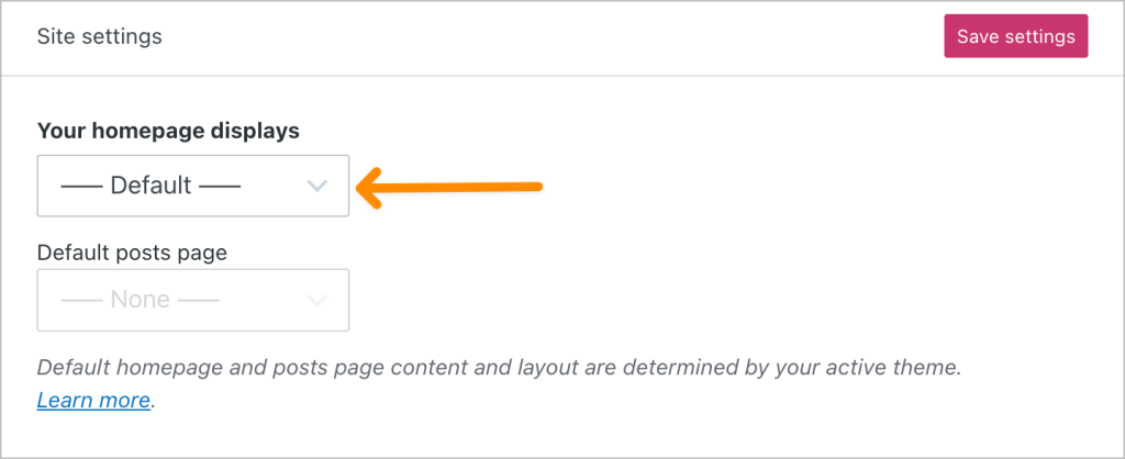 Setting the default home page for the "Your homepage displays" option on the Reading Settings screen.