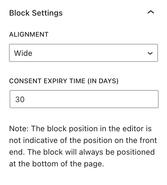 Screenshot showing additional block settings of Cookie Consent block.