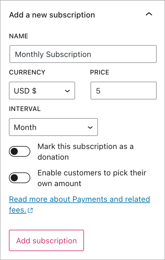 Añade una nueva suscripción al bloque de Contenido de pago.