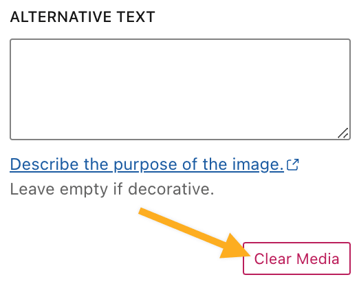 The field for Alternative Text, with an arrow below it pointing to the button that reads "Clear Media"
