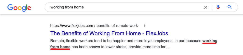 A Google Search result for the search "working from home" displaying the text description below the result.