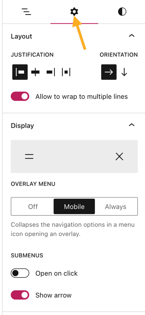 A barra lateral de configurações do bloco com uma seta apontando para o ícone de configurações, fornecendo as opções de layout e de exibição do bloco de navegação. 