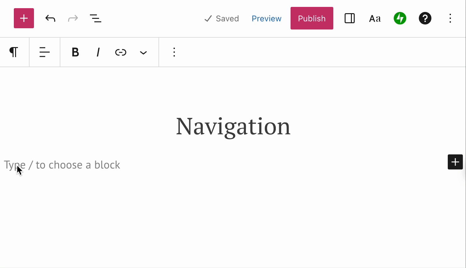 Uma barra seguida pelo texto "navegação" em um espaço em branco no editor exibe os tipos de blocos correspondentes a serem adicionados. 