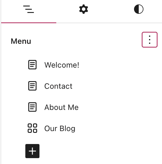 The Navigation block sidebar settings with the option to add items to the menu or select a different menu. 