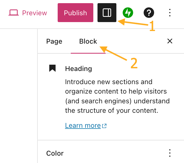 One arrow points to the settings sidebar icon and a second arrow points to the block settings tab.