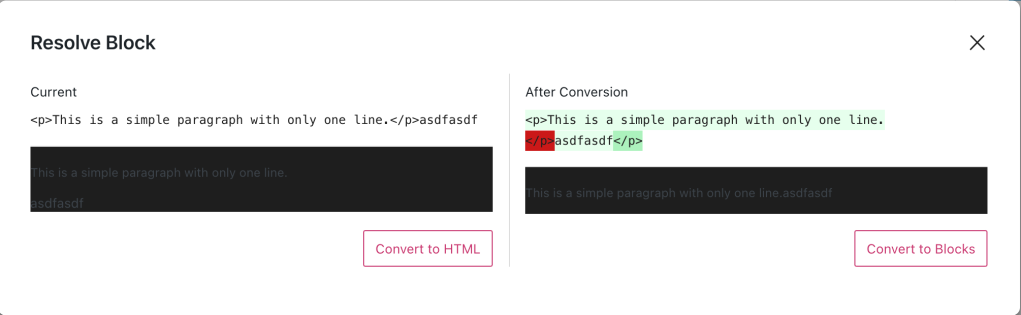 Screenshot showing that appear when Resolve option is clicked. The two options are Convert to HTML and Convert to Blocks.