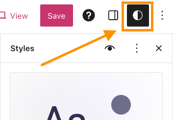 An arrow points to the Styles button in the Site Editor. The icon is a black and white circle.