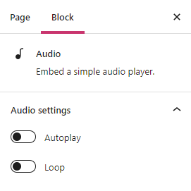 The audio block settings show Autoplay, loop,and Preload.