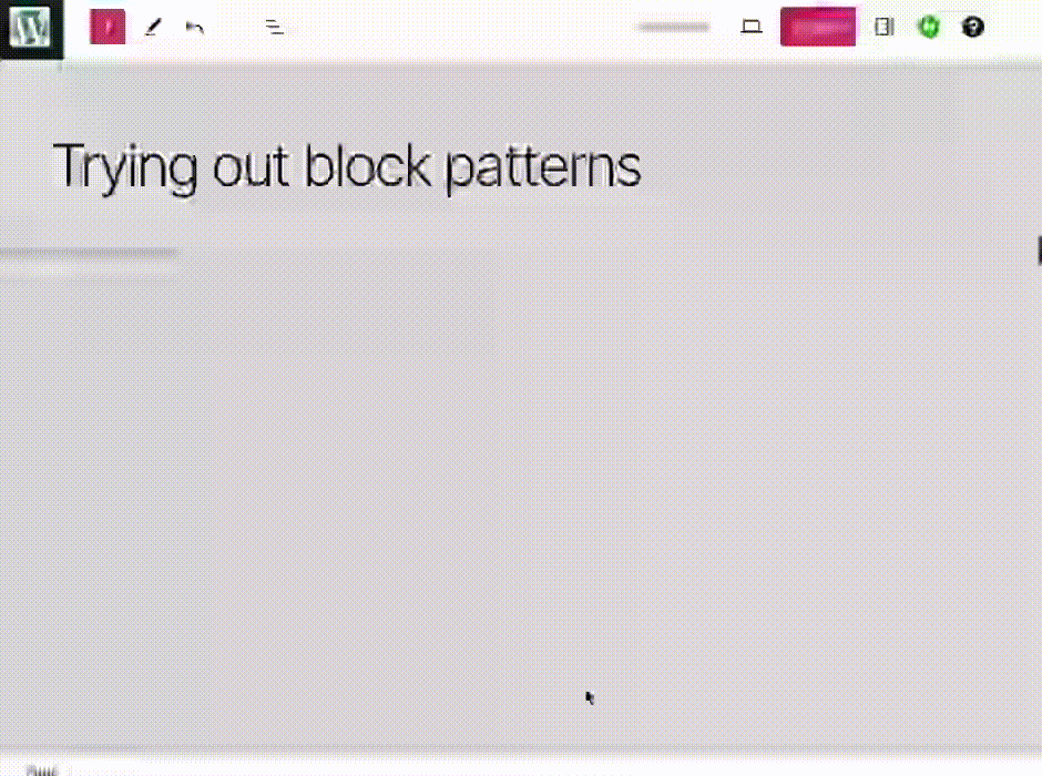 GIF showing how to add prebuilt patterns to your content using the + Block Inserter icon in the top left corner of the editor.