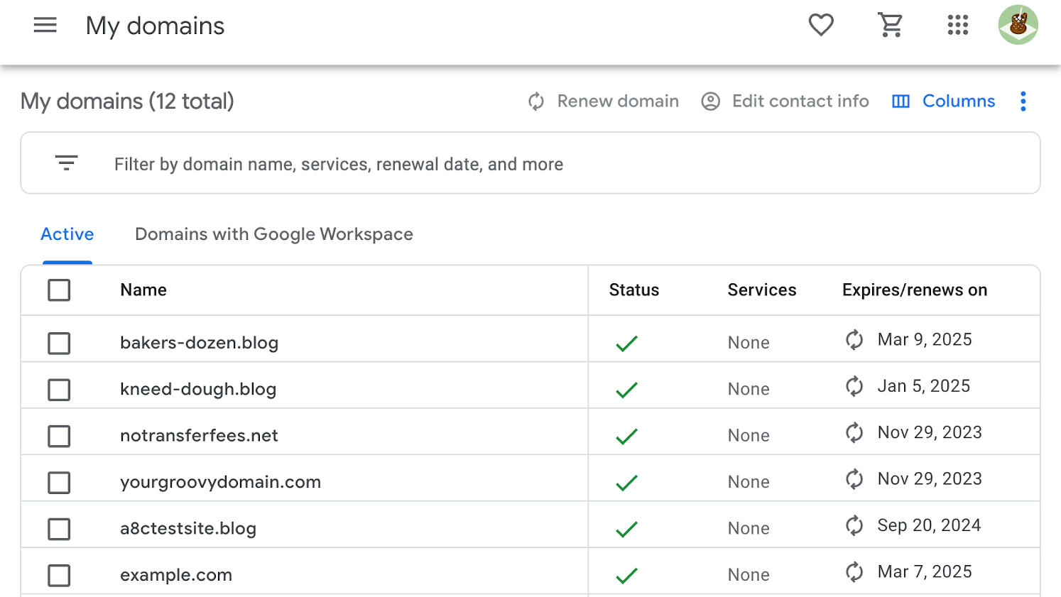 Screenshot of a Google Domains account with multiple domains listed.