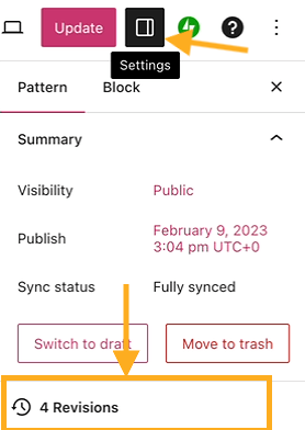 The pattern module in the right sidebar of the editor. Revisions is highlighted with an orange arrow.