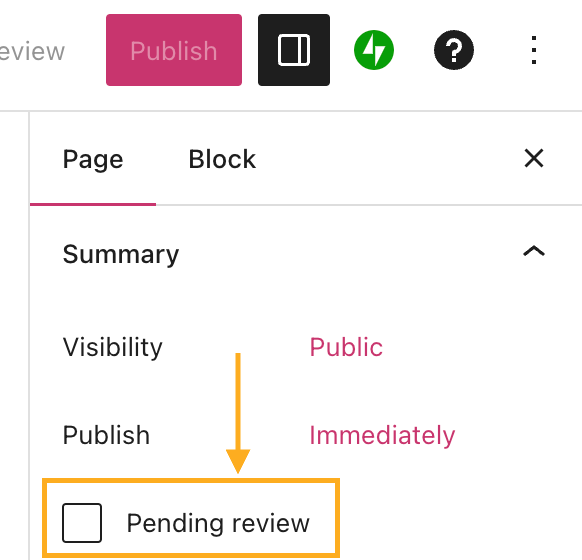 The settings right sidebar menu with the "Pending Review" option visible.