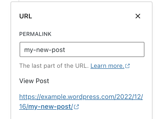 Editor settings showing the URL area, and displaying a text field to change the custom slug.