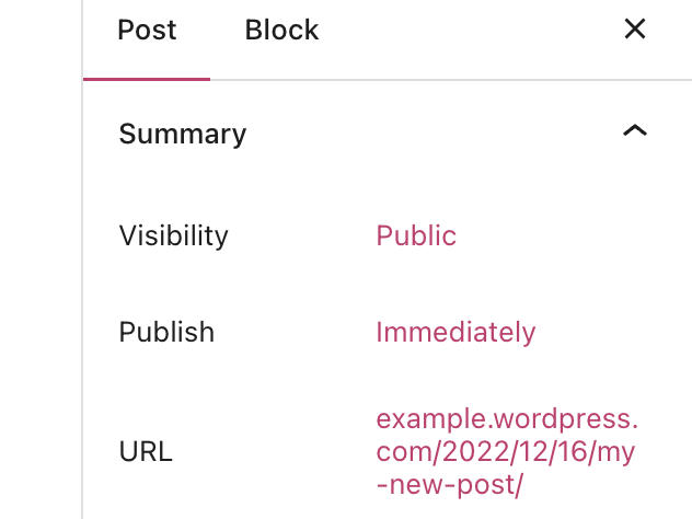 Impostazioni dell'editor in cui viene visualizzata l'area URL con un campo di testo per modificare lo slug personalizzato.