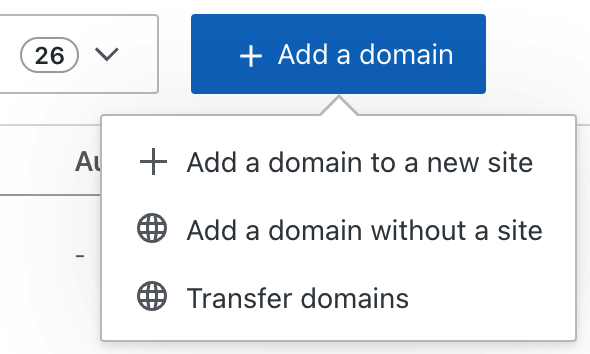 Der Button „Domain hinzufügen“ wurde angeklickt und der Button „Transfer domains“ (Domains übertragen) wird angezeigt.