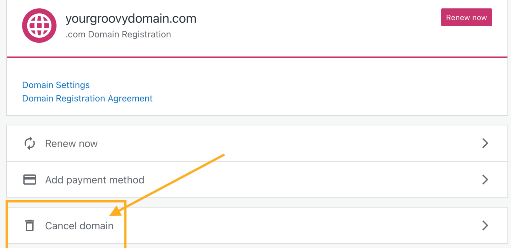 Ein Pfeil zeigt auf die Option „Domain stornieren“.