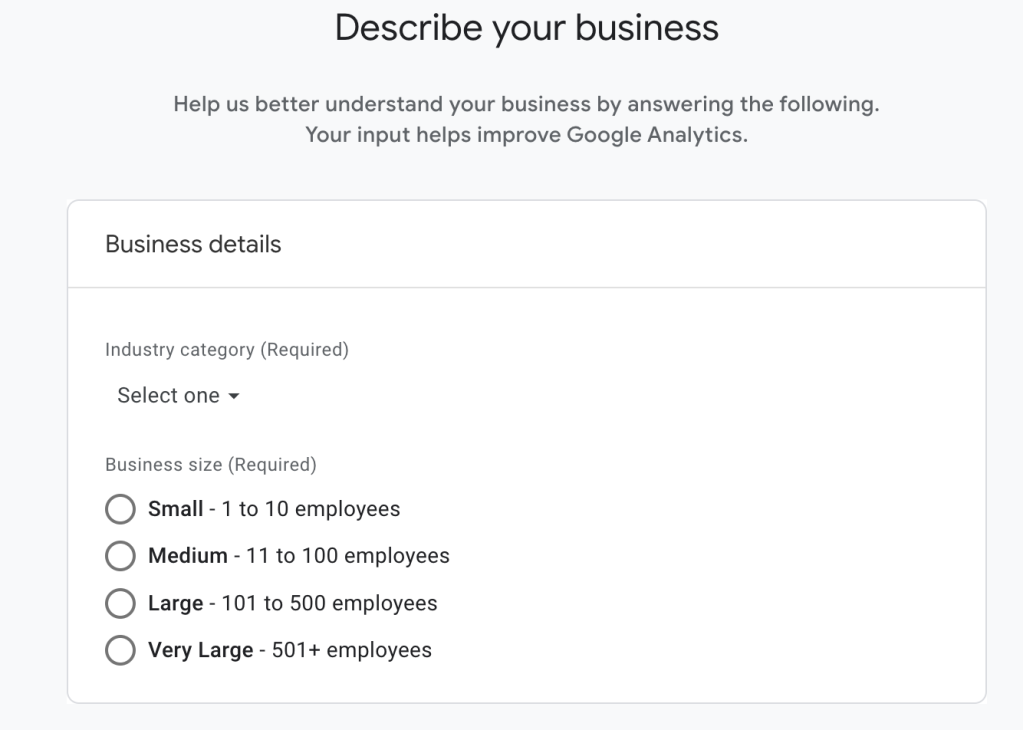 Google Analytics-Bildschirm zum Hinzufügen von Geschäftsinformationen