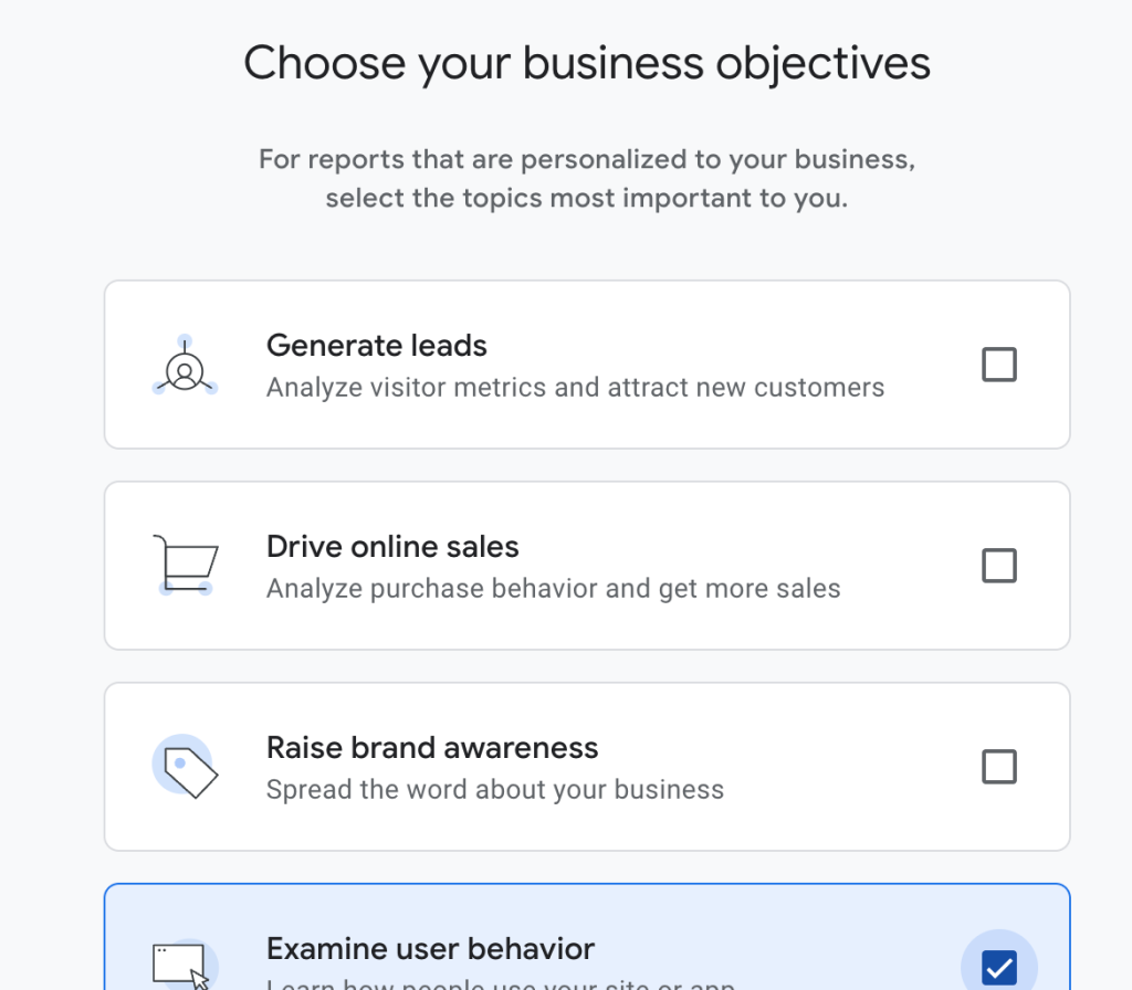 Scherm van Google Analytics voor het selecteren van bedrijfsdoelen.