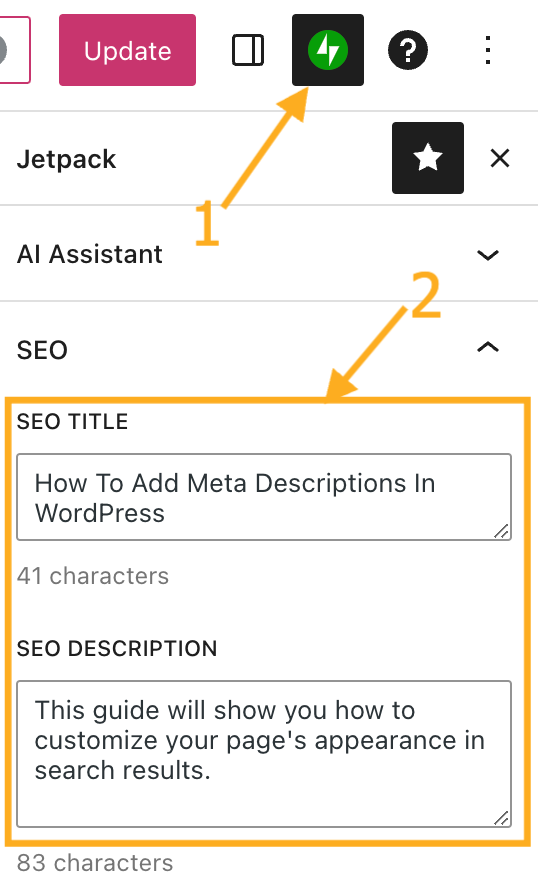 An arrow points to the Jetpack icon and a second arrow points to the SEO settings.