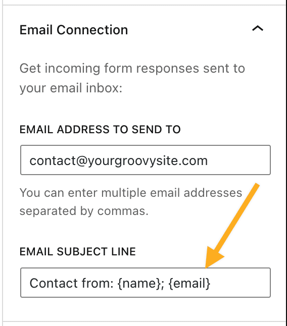 The form block settings showing how the subject line can be customized.