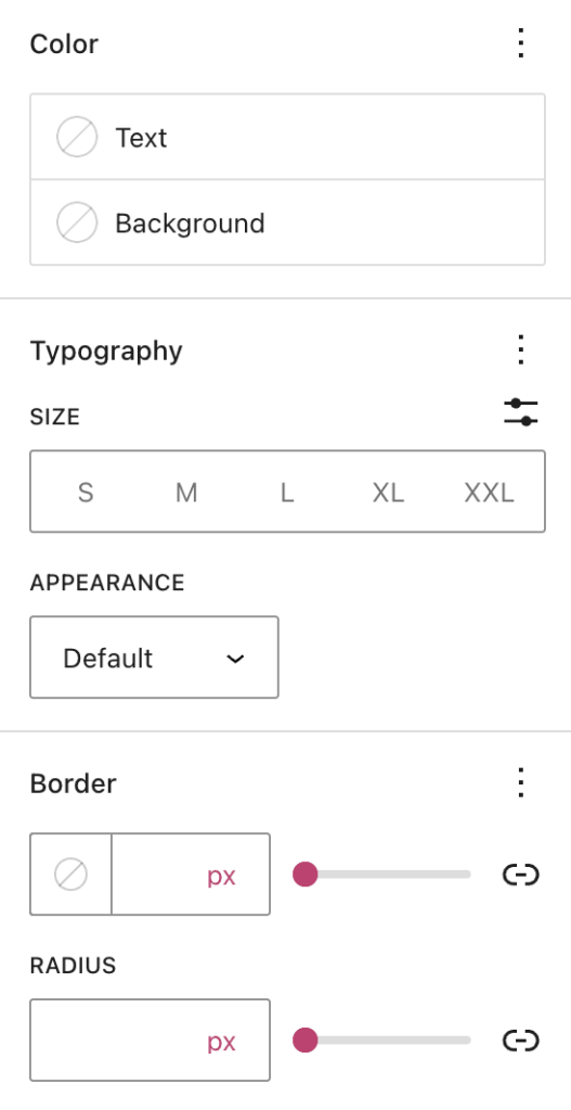 The block settings sidebar, displaying options for changing color, typography, and border options. 