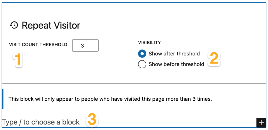 The Repeat visitor block with the default settings described below.