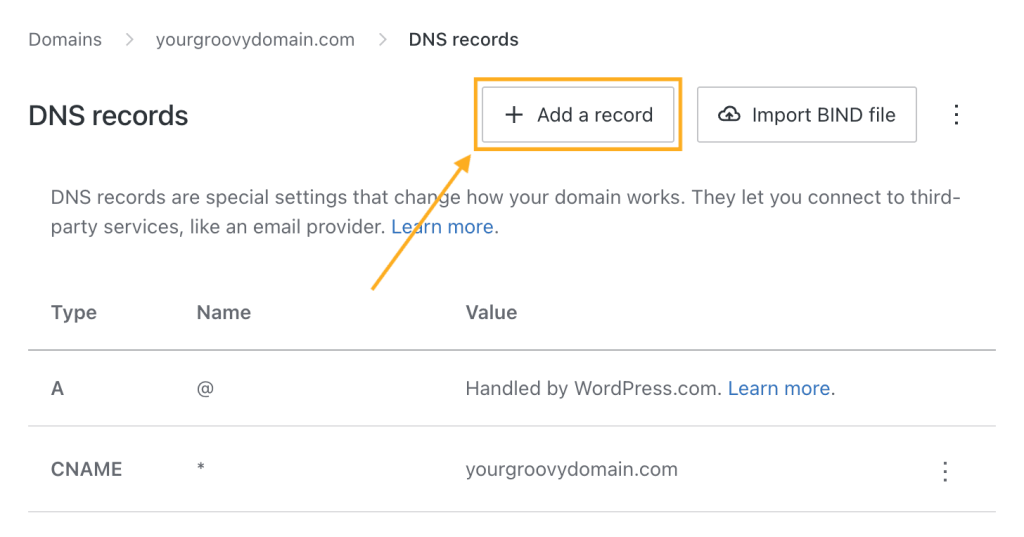 "Add a record" button at the top right to add a new DNS record to the domain.