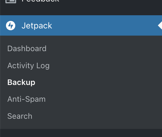 Jetpack in the dashboard, with Backup selected.