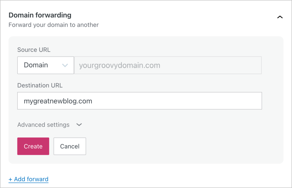 Opening the Domain Forwarding panel to setup a domain forwarding, and entering a Destination URL in the available field.