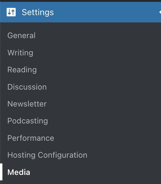 Settings in the dashboard, with Media selected.