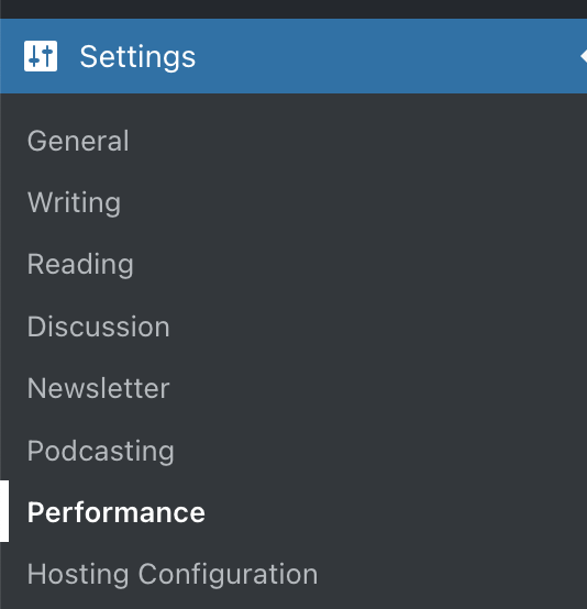 Settings in the dashboard, with Performance selected.