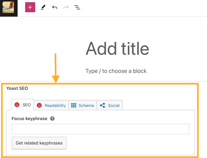The WordPress editor, with a new panel added by the Yoast plugin.