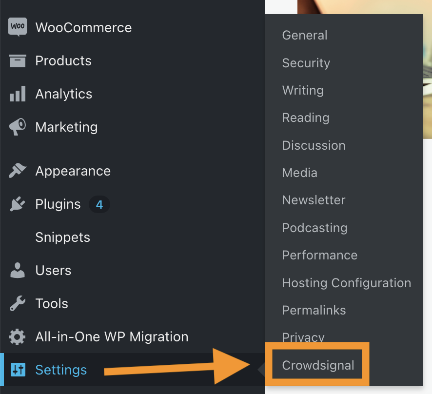 The mouse hovers over Settings in the dashboard, revealing additional options including a plugin called Crowdsignal which is marked by an arrow.