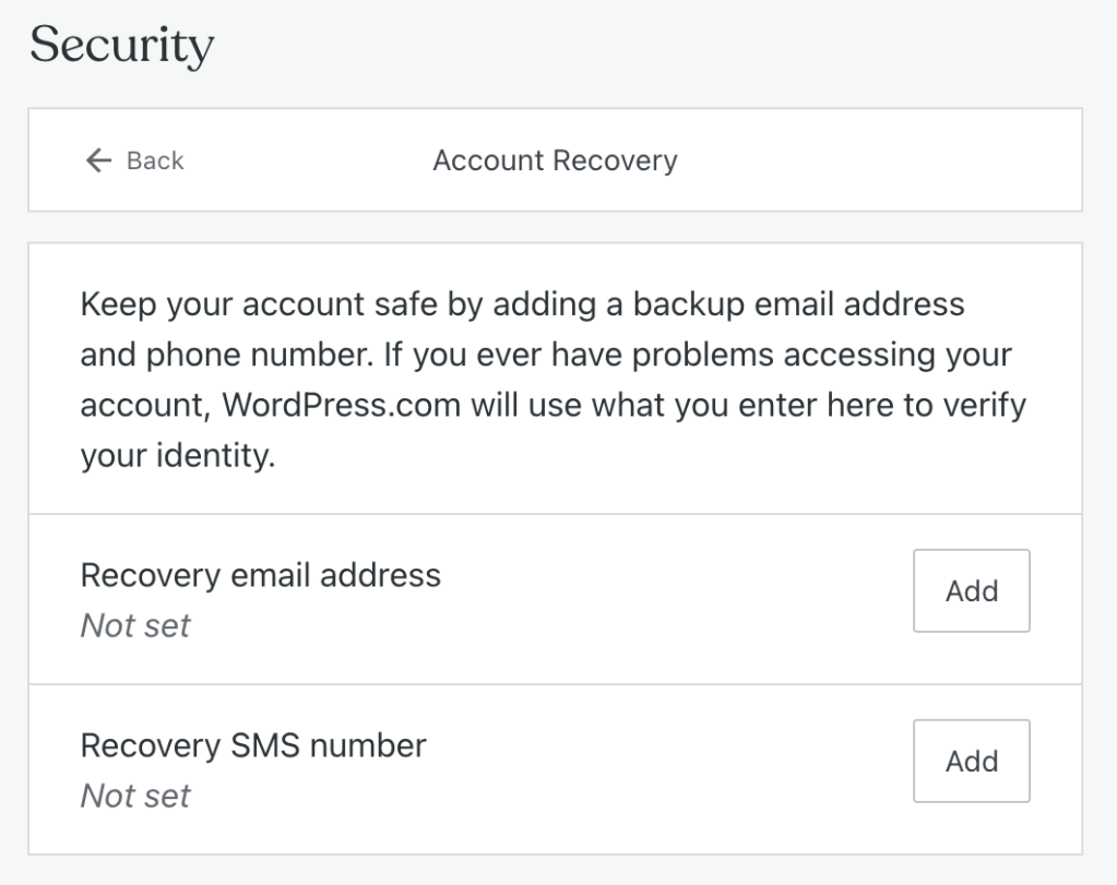 Account Recovery SMS and email options.