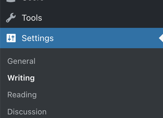 Settings in the dashboard, with Writing selected.