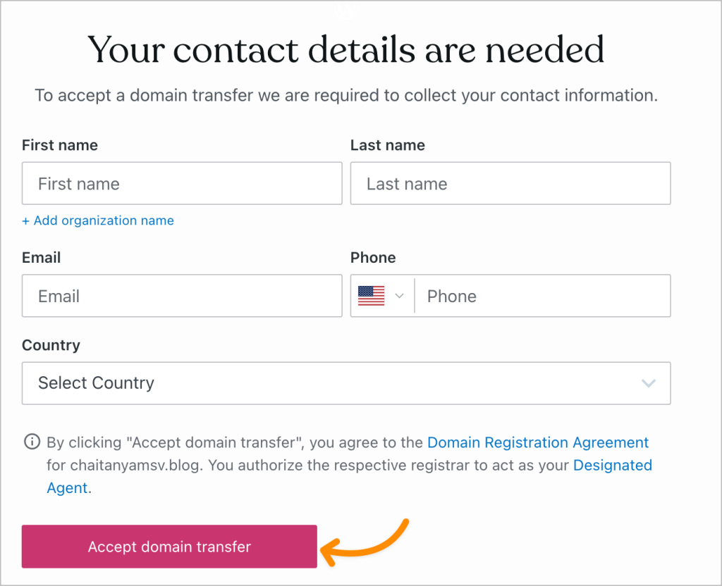 Screenshot of the domain contact details to be added by the new owner.