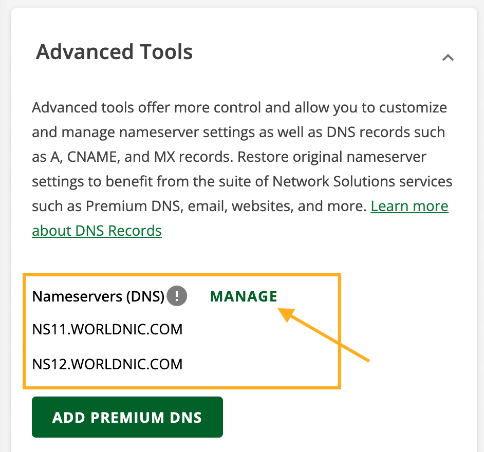 An arrow points to the Manage link in the Advanced Tools section.