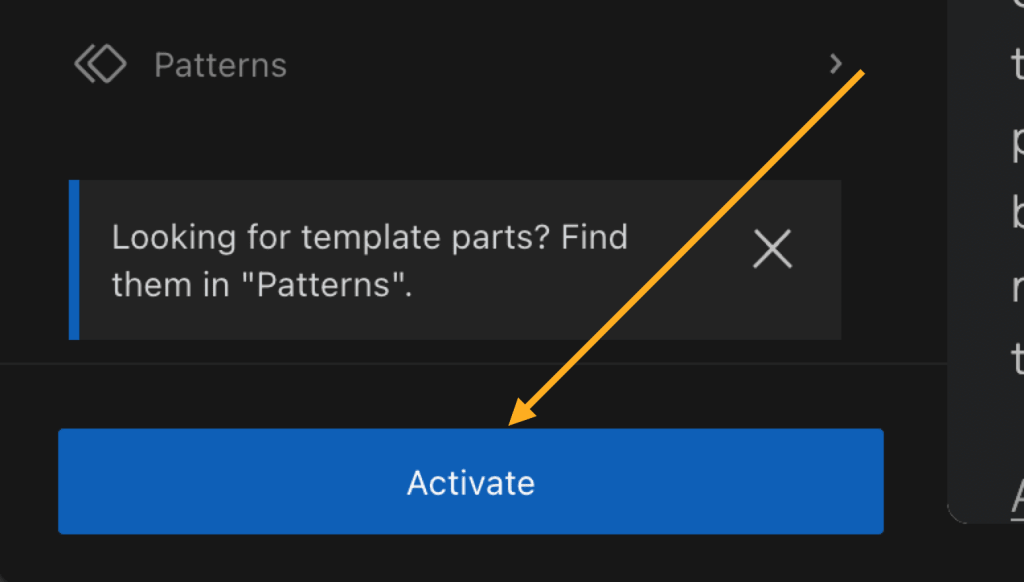 An arrow pointing to the Activate button at the bottom of the theme preview.