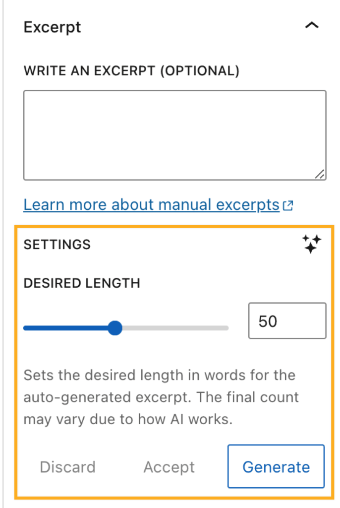 The document sidebar settings with the Excerpt menu expanded and a box drawn around the AI Settings section. 
