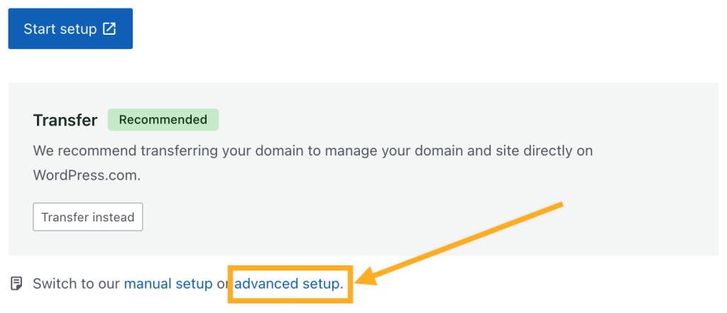 An arrow pointing to the hyperlinked advanced set up link at the bottom of the domain connection setup instructions page. 