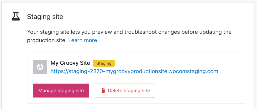 Manage or delete a staging site via the Hosting Configuration page.