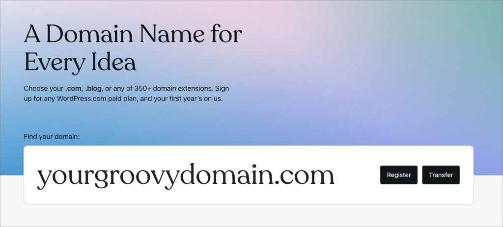 поле для поиска и регистрации домена на WordPress.com